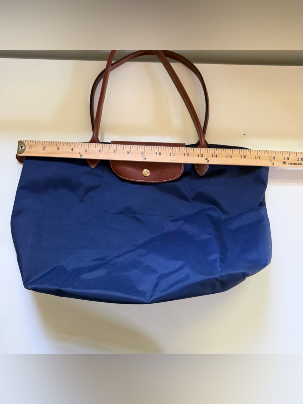 Longchamp La Pliage Tote Navy Blue Nylon Leather Classic Authentic - Picture 5 of 16